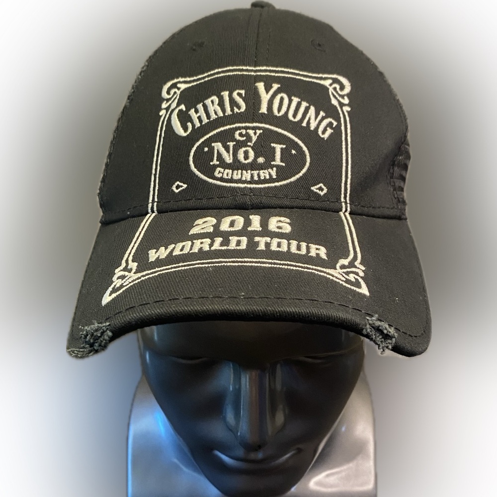 2016 World Tour Chris Young Distressed Trucker Hat Cap Black W/ White Embroidery